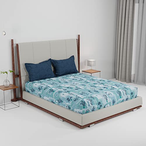 Image of TRIDENT Dusk & Dawn Queen Sheet Set, 100% Cotton Bed Sheets, 3-Piece Set, 1 Bedsheet and 2 Pillowcases, Soft & Smooth 144 Thread Count (Queen) - Abu Dhabi Blue