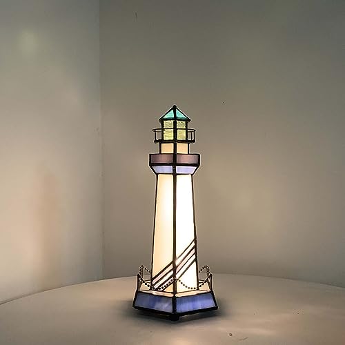 Bieye L10776 Lighthouse Tiffany Style Stained Glass Accent Table Lamp Night Light For Home Decoration (5X5X11, Blue) #TOP1