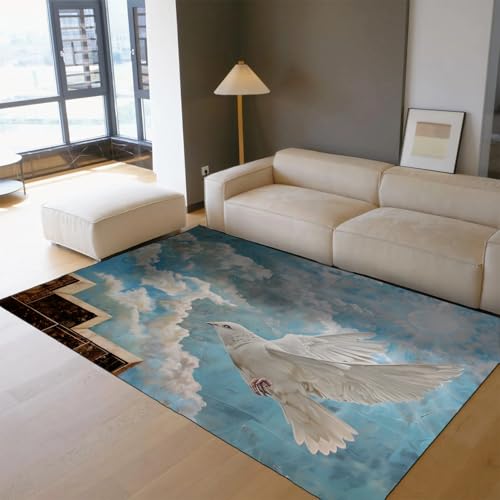 Tapis 80x150cm bleu nuages motif colombe blanche lavable et antidérapant - 3