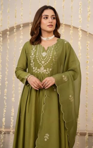 Image of Nermosa Women Embroidery Solid A-Line Kurta and Pant Set with Dupatta