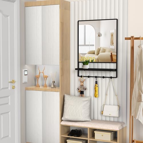 WONSTART Espejo de Pared con Estante y Ganchos, Espejo de tocador con Gancho, 21 x 28 Pulgadas con Marco de Metal, Espejo Decorativo para baño, Entrada, Dormitorio, Sala de Estar (Negro, 21 x 28) - imagen 2