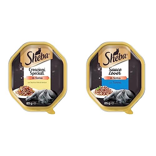 Sheba Creazioni Speciali in Salsa, Cibo per Gatto con Tacchino, Pollo & Verdure - 22 Vaschette da 85 g, Totale: 1870 g & Sauce Lover, Cibo per Umido per Gatto al gusto di Tonno -Totale: 1870 g