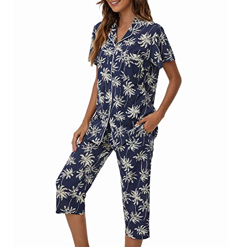 Image of Tugege Capri Pajamas Set Womens Button Down Short Sleeve Lounge Sets Sleepwear Notch Collar Top & Capri 2 Piece PJ Sets