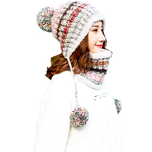 Women Girls Knitted Hat Scarf Set Winter Fleece Lined Beanie Hat Peruvian Cover Ears Skull Cap Ski Snow Hats With 3 Pompoms #TOP25