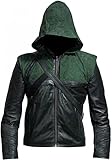 Men's Stephen Amell Green Arrow Genuine Leather Hooded Leather Jacket with Hoodie Costume
