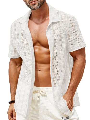 Runcati Mens Button Down Shirts Short Sleeve Hollow Out Knit Shirt Cuban Collar Casual Crochet Beach Summer Tops