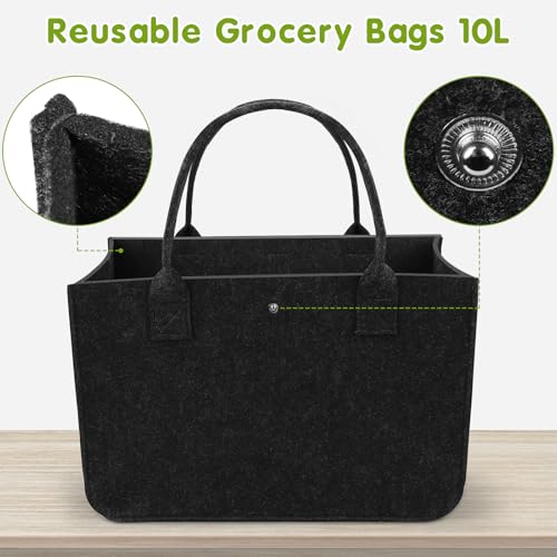 PUWOWYE 2 Stück Filztaschen Shopper, Filztasche, Faltbar Tragetasche Shopping Bag, Tasche Filz zur Spielzeug, Einkaufen, Ausgehen, Aufbewahrung, 30x18x20cm, Hellgrau Schwarz
