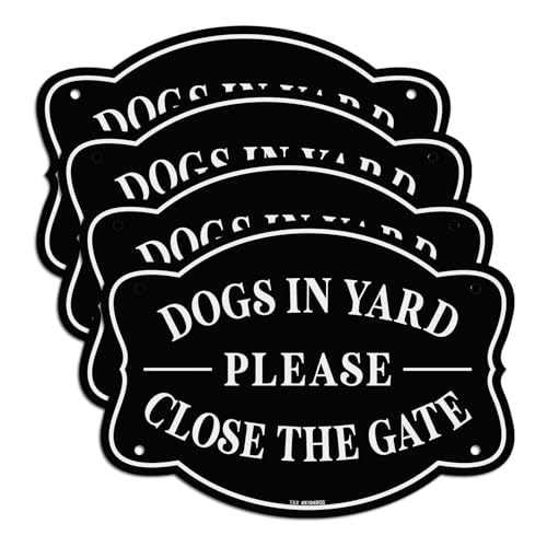 T&R Dogs in Yard Please Close the Gate Sign - 4 Pack - 9.5 x 6.8 Inches Rust Free .040 Aluminum Reflective - UV Protected, Waterproof, Weatherproof and Fade Resistant - 4 Pre-drilled Holes