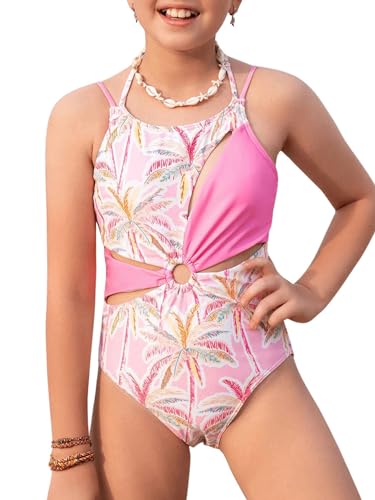 WDIRARA Girl's Tropical Print Cut Out Ring Linked One Piece Swimsuit Double Strap Boho Summer Swimwear