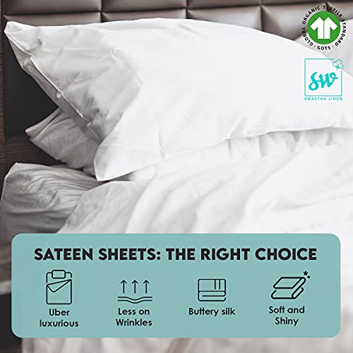 Sw Swastha Linen King Fitted Bed Sheets, Pillow Cover Set 100% Organic Cotton 300 Tc Fits Mattress Upto 17 Inches Pocket Hotel Quality Luxury Soft Bedding Sheets, Pillowcases 4 Pc Sateen Weave White #TOP2