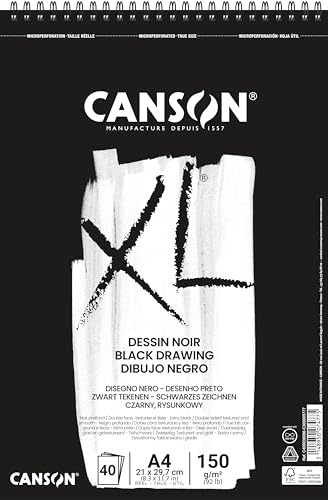 Canson Xl, Papel De Dibujo Negro, Doble Cara: Granulada Y Lisa, 150g, Espiralados Sobre El Lado Corto, A4-21x29,7cm, Negro, 40 Hojas