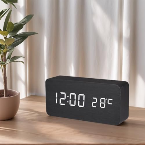 Battery Powered Digital Clock for Bedroom and Living Room Decor, Nightstand Clock with Voice Control Function Dual Display Time(12/24h) and Temperature(°C/°F), Office Wood Décor (Black) - Image 2