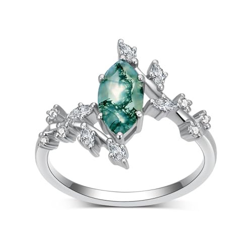 1 Carat Marquise Cut Moss Agate Wedding Ring Set for Women, 925 Sterling Silver Green Moss Agate Bridal Engagement Ring Set Jewelry Gift for Wife Her2