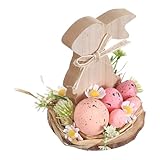 Ciieeo Rustikale Frühlingsdekoration Holz-Hasenfigur mit Handbemalten Blumen und Eiern Vintage Farmhaus Deko für Tisch Regal und Kaminsims Vielseitige Tischmitte