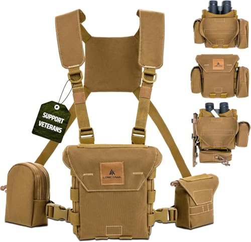 Lone Trail Waterproof Binocular Harness Chest Pack - Lightweight Bino Harness With Rangefinder Pouch | Binocular Case with Silent Magnetic Closure and MOLLE System (LT1 Coyote Brown)