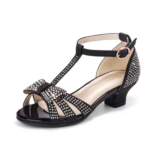 PANDANINJIA Sally Girls Heels Todder Rhinestone Dress Shoes Pump T Strap Open Toe Bow Little Big Kids Flower Girl Shoes(Black Glitter 4 M US Big Kid)