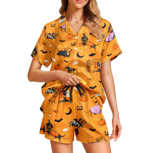 Image of Funny Pajamas for Women Set Print Satin Loungewear Pjs Short Sleeve Button Down Top and Shorts Sets Sleepwear XS-3XL