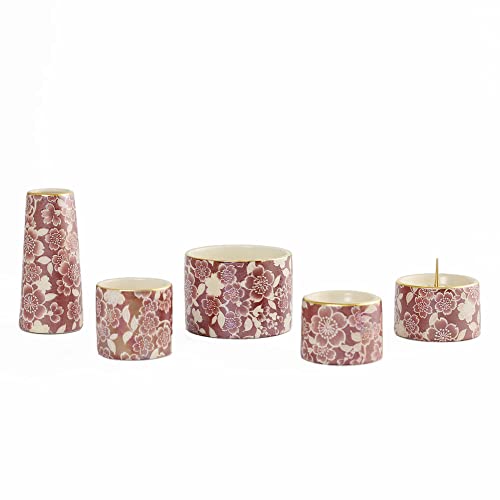 京仏壇はやし 仏具セット ミニ モダン 仏具セット アイリス 5点丸型香炉セット 5色 オリジナルクロスセット (2) ワインレッド ゆい花