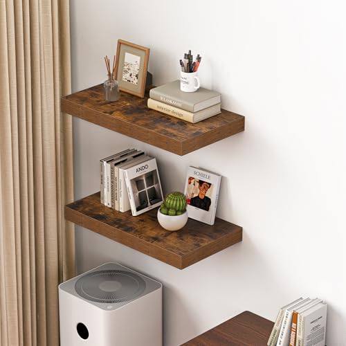 Image of Dreamland 24 inch Floating Shelves for Wall, 12 inch Deep Thicker Floating Shelves, Wall-Mounted Shelves for Bedroom, Living Room, Kitchen, Bathroom,Rustic Brown - Set of 2