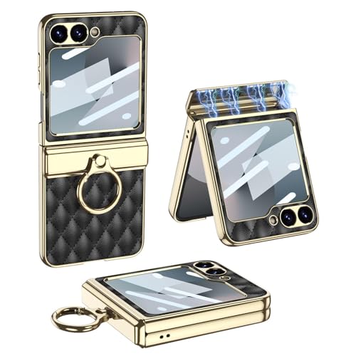 OURJOY Galaxy Z Flip6 ケース 格子 360°回転リング 磁気ヒンジ ストラップホール付き 強化ガラスフィルム 折りたたみ 全面保護 メッキフレーム ギャラクシー フリップ6 保護カバー スマホケース スタンド機能 ヒンジ保護 レンズ保護 おしゃれ・ブラック