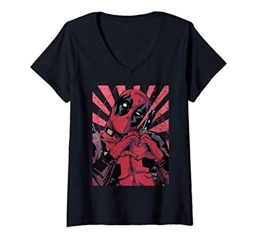 Marvel Deadpool Heart Hands Maglietta con collo a