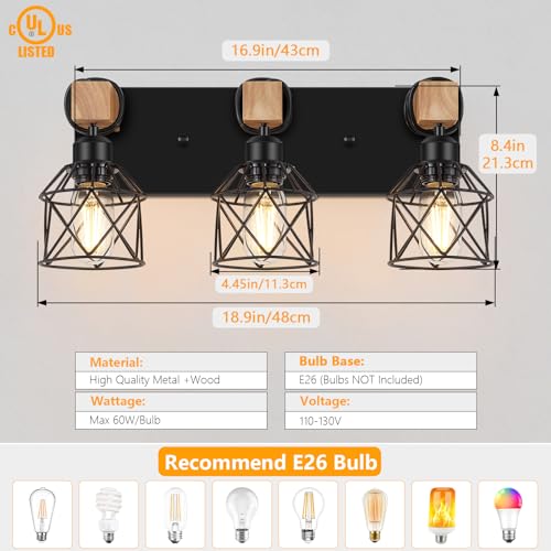FadimiKoo 3-Light Farmhouse Vanity Light for Bathroom, Wood Bathroom Light Fixtures Over Mirror, Industrial Black Vanity Light with Metal Lampshade for Bedroom Hallway Living Room