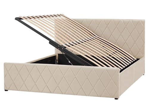 Image of Beliani with Slatted Base with Storage Upholstered Sturdy Frame Ottoman Bed 160x200 Cm Eu King Size Velvet Beige Rochefort