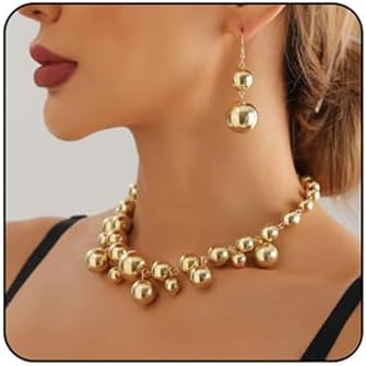 Gold Necklace Earring Set for Women Exaggerated Big Beading Choker Necklace Dainty Big Gold Dangle Drop Earrings Chunky Gold Necklace Earrings Set Trendy Gold Jewelry Set for Women
