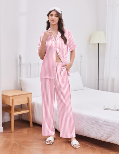 Image of Ekouaer Silk Satin Pajamas for Women Set 2 Piece Short Sleeve Button Up Pjs