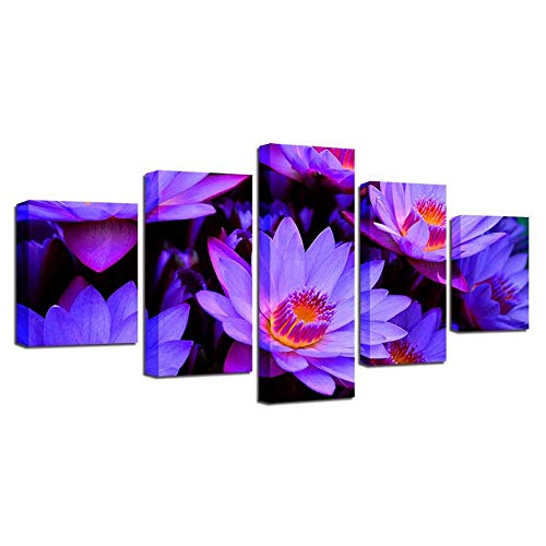 Tableau mural sur toile 5 pièces lotus violet pour habiller un grand mur vide sans cadre