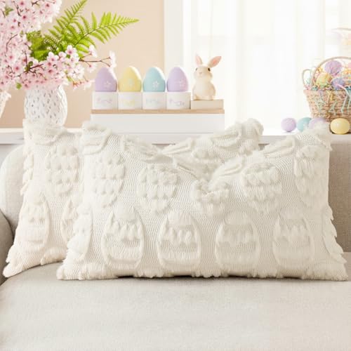 Image of decorUhome Easter Cream White Egg Pillow Covers 12x20 Inch Set of 2, Soft Plush Faux Wool Jacquard Cushion Covers, Farmhouse Neutral Fuzzy Spring Easter Holiday Decor for Couch Sofa Bed