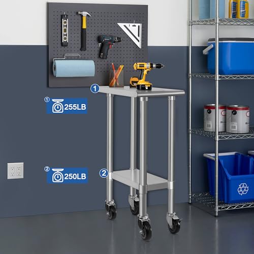 Image of HARDURA Stainless Steel Commercial Table Prep & Work Table with Casters Heavy Duty Metal Table with Wheels NSF 430 24x12 Inches