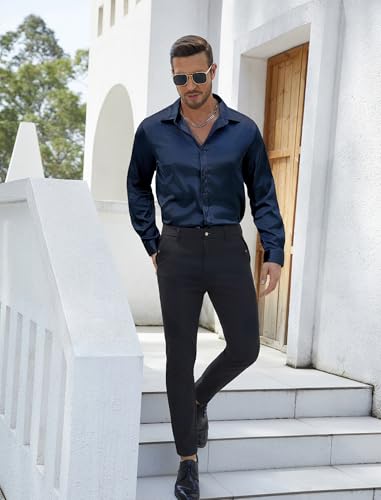 Vssjavun Mens Silk Satin Long Sleeve Button Down Shirts Shiny Dress Shirt Luxury Party Prom Wedding Shirts Royal Blue — view 5