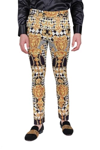 Barabas Men's Printed Gold Chain Checkered Medusa Floral Pants CP1782