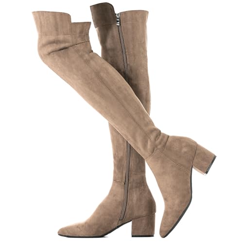 N.N.G Women Over Knee Boots Suede Thigh High Long Comfort Black Winter Low Square Toe Block Heel, Taupe, 7.5