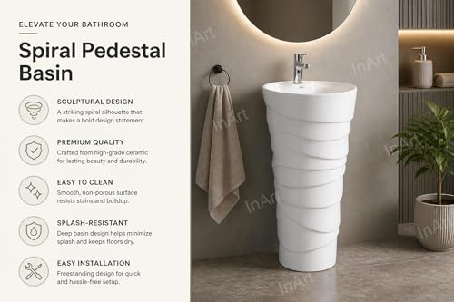Image of InArt One Piece Ceramic Pedestal Free Standing Round Wash Basin for Living Room and Bathroom (15 x 15 x 34 Inch, White)