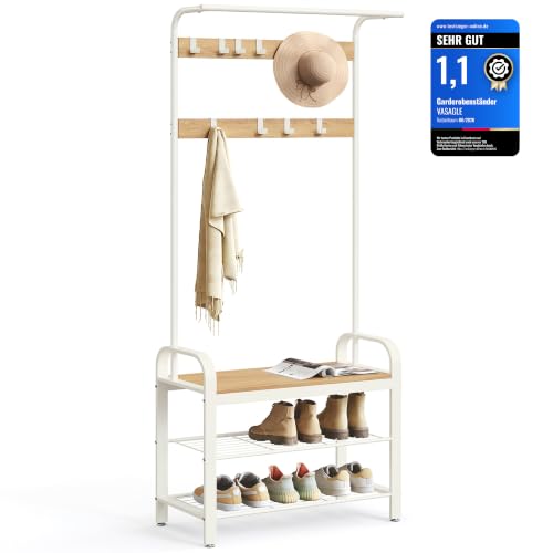 VASAGLE Garderobenständer Garderobe mit Schuhbank 4-in-1 Design 9 abnehmbare Haken Kleiderstange Eingangsbereich Flur 33 7 x 72 x 183 cm modern eichenfarben-weiß HSR40W