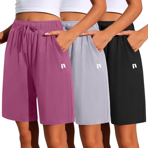 Neer 3 Pack Women's Quick Dry Shorts Women Drawstring High Waisted Bermuda Athletic Shorts with Pockets(Black,Rose Red,Light Grey,Medium)