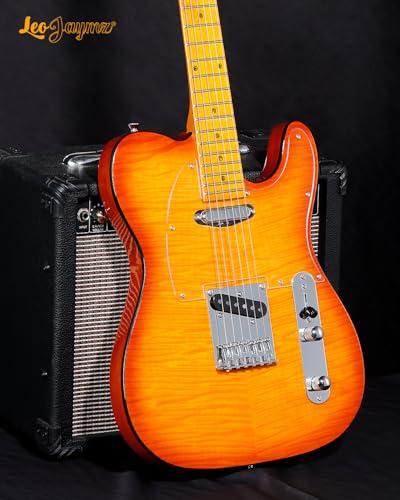 leo jaymz tl style electric guitar with flame maple top - high gloss mahogany body and hard maple neck - high transparent acrylic pickguard transparent honey burst