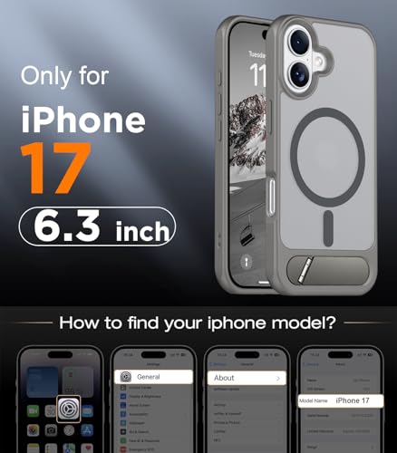 Image of Designed for iPhone 17 Case, [Built-in Invisible Kickstand][Compatible with MagSafe][Military Grade Shockproof] Slim Translucent Matte Phone Case 6.3 inch (Gray)