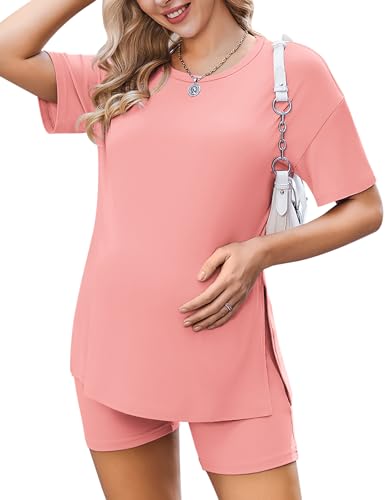 Image of Ekouaer Women Maternity Sets 2 Piece Outfits Summer T Shirts and Biker Shorts Set Pregnancy Loungewear
