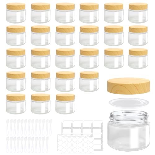 25 Pcs Glass Jars with Plastic Woodgrain Lids and Inner Liners 2 oz Clear Cosmetic Containers Empty Round Small Containers for Making Creams Lotions Powder Ointments Candle