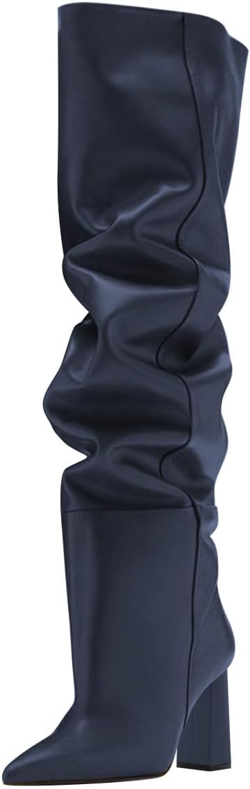 FOWT Women Pointed Toe Over the Knee Boots Slouchy Wide Calf Pull on Long Boots Chunky Block High Heel Shoes Size 4-16 US