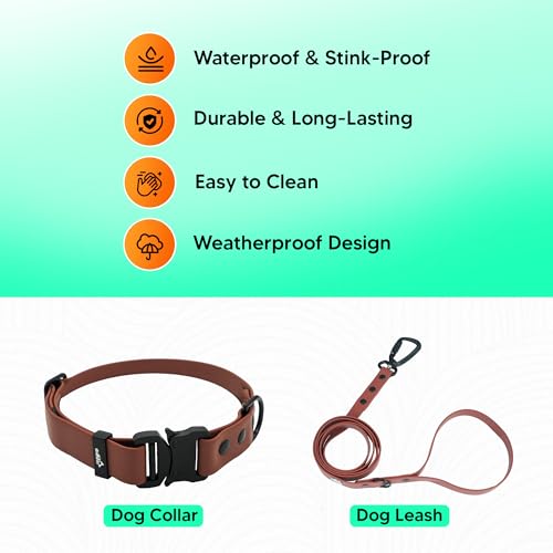 Image of Adil'S Waterproof Leash and Collar Combo Set - Adjustable & Breathable Biothane Collar with Leash Suitable for Medium & Large Size Dogs (Lease 5Ft), Chestnut, L