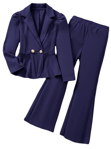 OYOANGLE Girls Formal Wear 2 Piece Outfits Button Ruffle Hem Puff Sleeve Blazer and Flare Pants Suit Set Deep Blue 12Y
