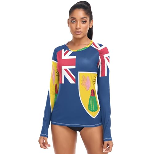 Women Beach Rash Guard UPF 50+, Flag of The Turks and Caicos Islands, Quick Dry Workout Tops Athletic Shirts for Surfing