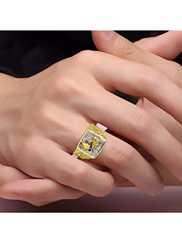 Image of Rylos Men's Yellow Gold-Plated Sterling Silver Lucky Nugget Horse Head Ring with 6X4MM Gemstone and Diamonds - Birthstone Elegance for Men, Sizes 8-13 Available
