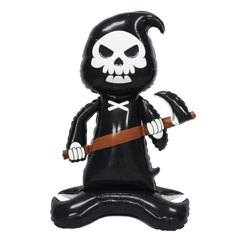 Image of AMFIN (Pack of 1) Self Standing 46 Inch Giant Grim Reaper Foil Balloon - Halloween Skeleton Balloon with Scythe | Oversized Scary Balloon for Haunted House- Black