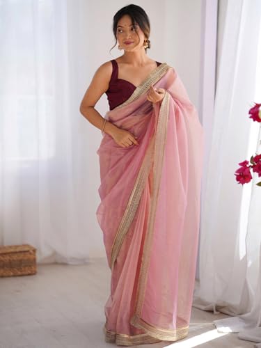 Image of AKHILAM Women's Shimmer Net Solid Saree With Unstitched Blouse Piece