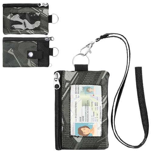 Image of Minimalist RFID Wallet with Lanyard, Multi-functional ID Case with 2 Zipper Pockets and Key Chain for Men and Women, Tactical Badge Pouch Cards Holder, Coin Purse for Travel Sports - Two-Tone